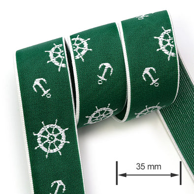 1 Meter Premium Elastic Band 35 mm, Green / White Anchor Embroided