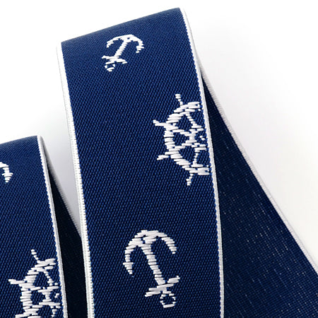 1 Meter Premium Elastic Band 35 mm, Blue  / White Anchor Embroided