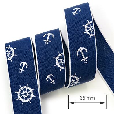 1 Meter Premium Elastic Band 35 mm, Blue  / White Anchor Embroided