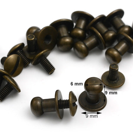 10 Pcs. Button Screws, Base 9 mm, Head 6 mm, Color Old Brass, SKU POM9X6-OANZ