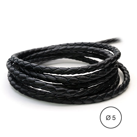 1 Meter Braided Leather Cord, Ø 5 mm, Black