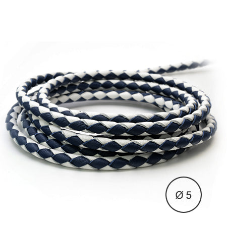1 Meter Braided Leather Cord, Ø 5 mm, White cu Dark Blue