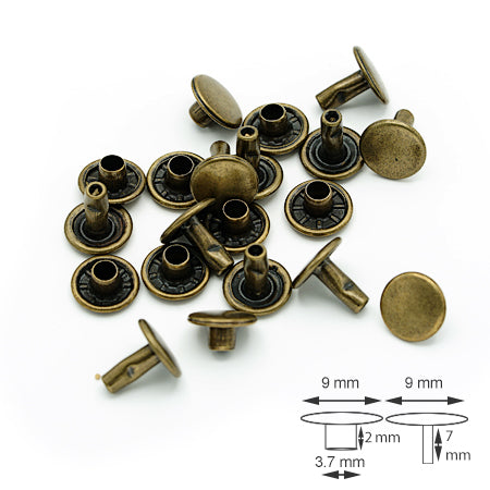 10 Pcs. Rivets for Leatherwork, 9 mm, H 3-7 mm, Color Old Brass, SKU T34-OANZ